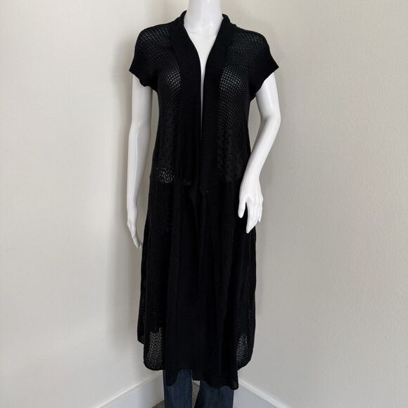Eileen Fisher Women's Long Crochet Duster Sweater Size M Black Silk Viscose - Picture 1 of 9